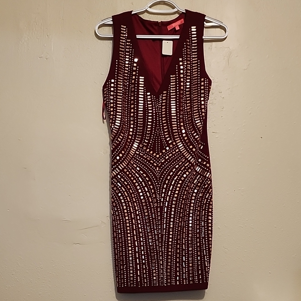 Xtaren Red Embellished Bodycon Mini Dress